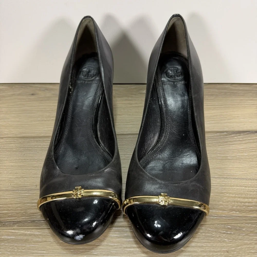 Tory Burch Pacey Women's Black Leather Cap Toe Wedge Pumps Size 9M